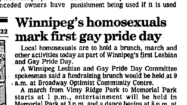 Newspaper article with title that reads, “Winnipeg’s homosexuals mark first gay pride day.”