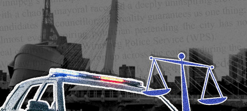 A photo illustration featuring Winnipeg's downtown, the outline of a police car, and the outline of the scales of justice.