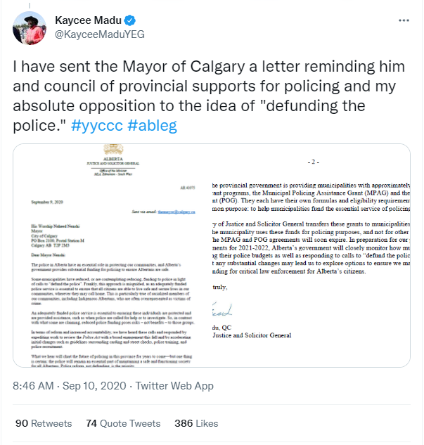Screenshot of tweet by Kaycee Madu, with text reading "I have sent the Mayor of Calgary a letter reminding him and council of provincial supports for policing and my absolute opposition to the idea of "defunding the police""
