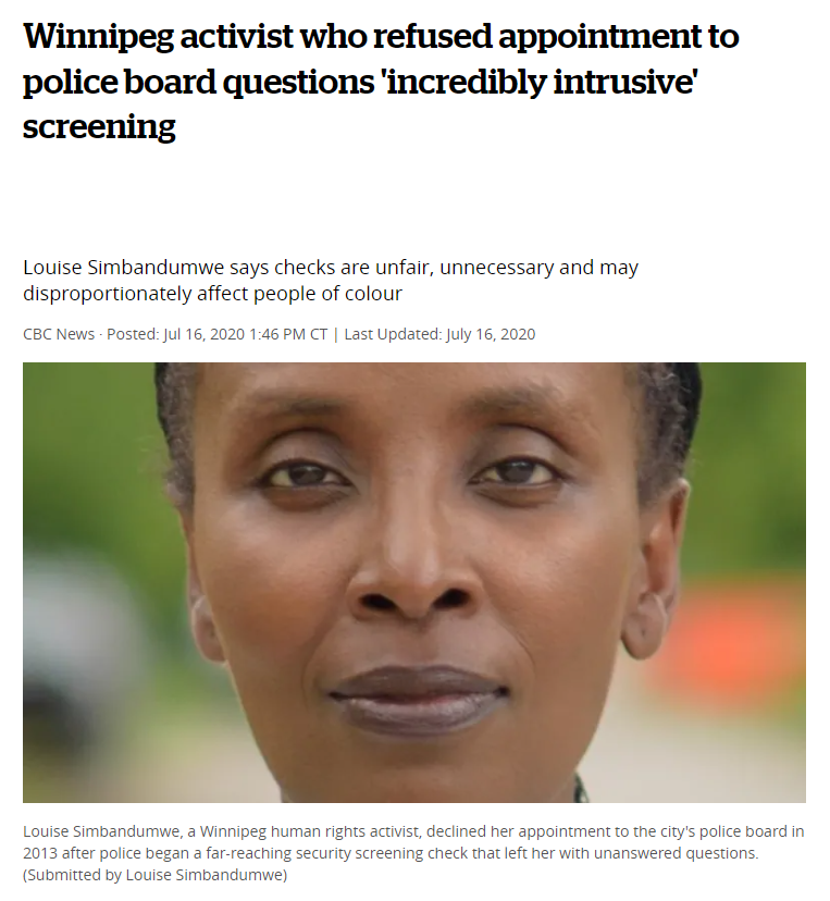 Screenshot of 2020 CBC article about Louise Simbandumwe critiquing police board security clearance process