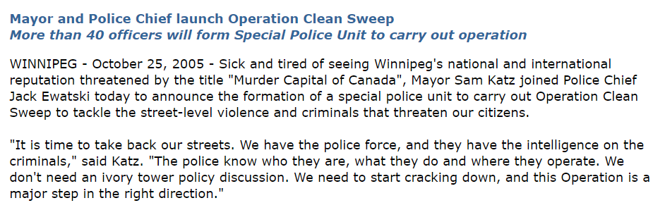 City of Winnipeg press release from 2005 announcing start of "Operation Clean Sweep"