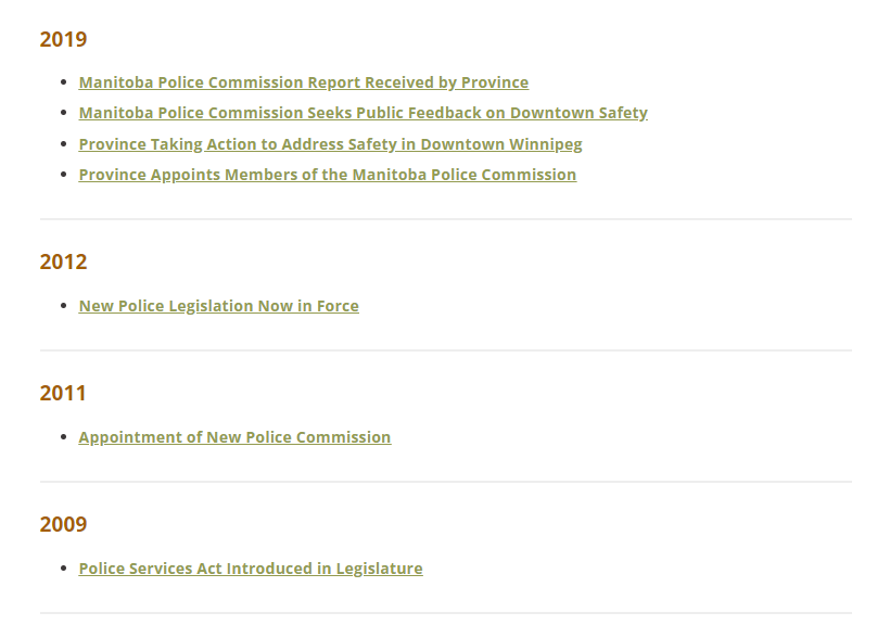 Screenshot of list of news releases on Manitoba Police Commission's website