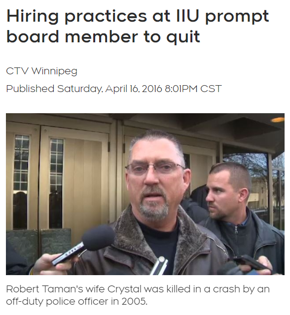 Screenshot of 2016 article when Robert Taman quit Manitoba Police Commission due to concerns about IIU investigators being cops