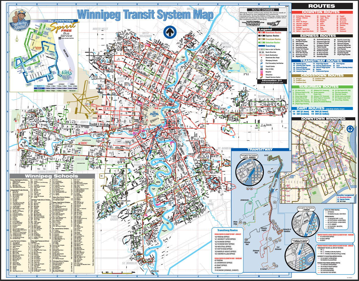 An old Winnipeg Transit route map from 2014 depicting the enormous size of the system.