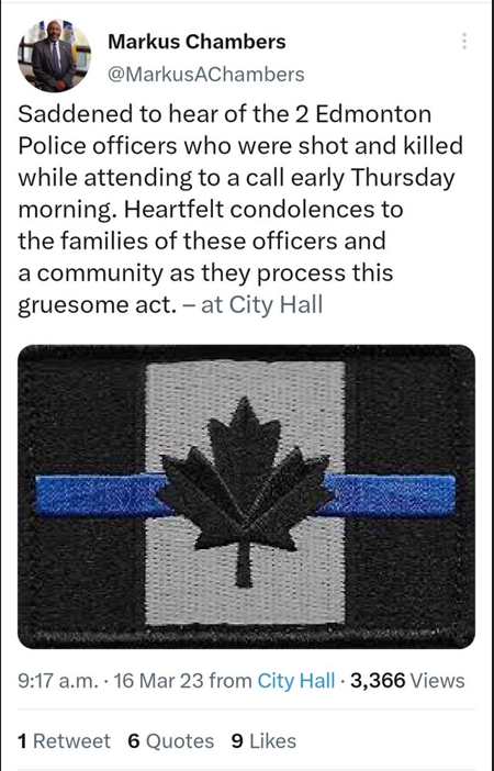 Screenshot of now-deleted tweet by Coun. Chambers posted on March 16, 2023, about the deaths of two Edmonton Police officers. The attached image is of a "thin blue line" patch, with a black and white Canadian flag that has a blue line running horizontally through it.
