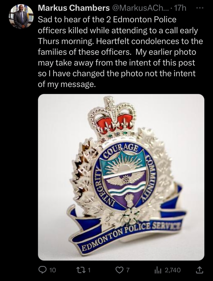 Screenshot of replaced tweet by Coun. Chambers posted on March 16, 2023, about the deaths of two Edmonton Police officers. The new image is of an Edmonton Police badge.