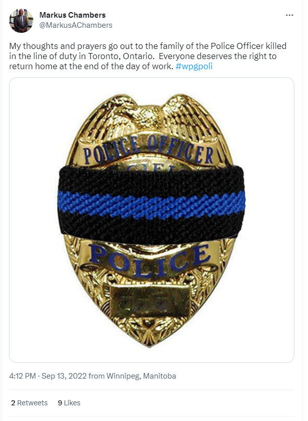 Screenshot of tweet by Coun. Chambers posted on September 13, 2022, about the death of a police officer in Toronto. The attached image is of gold police badge that has a knitted thin blue line across it.