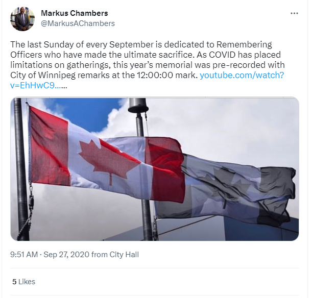 Screenshot of tweet by Coun. Chambers posted on September 27, 2020, that features a photo of a standard Canadian flag and a "thin blue line" Canadian flag flying atop of two flag poles. 