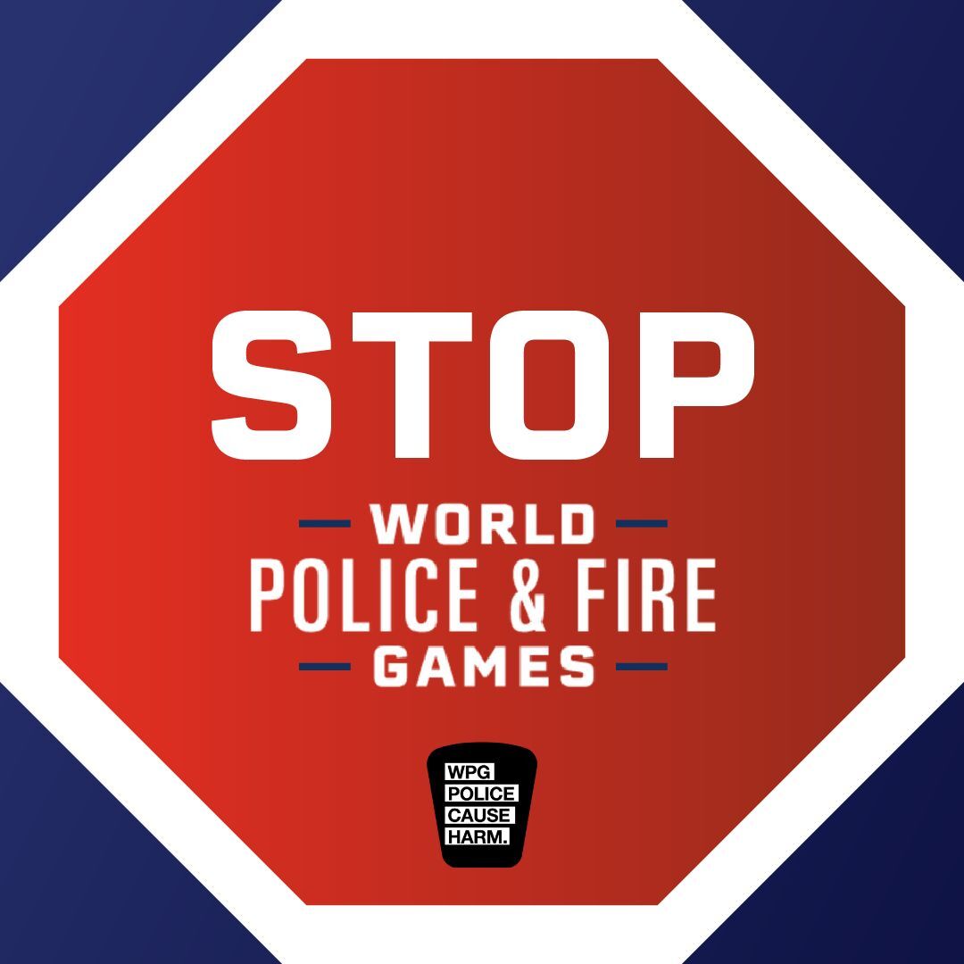 A red stop sign like graphic. The text reads, in large white font, "Stop World Police & FIre Games."