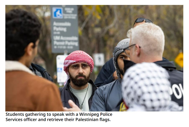 Screenshot of Manitoban issue showing several people wearing keffiyehs talking to WPS officer