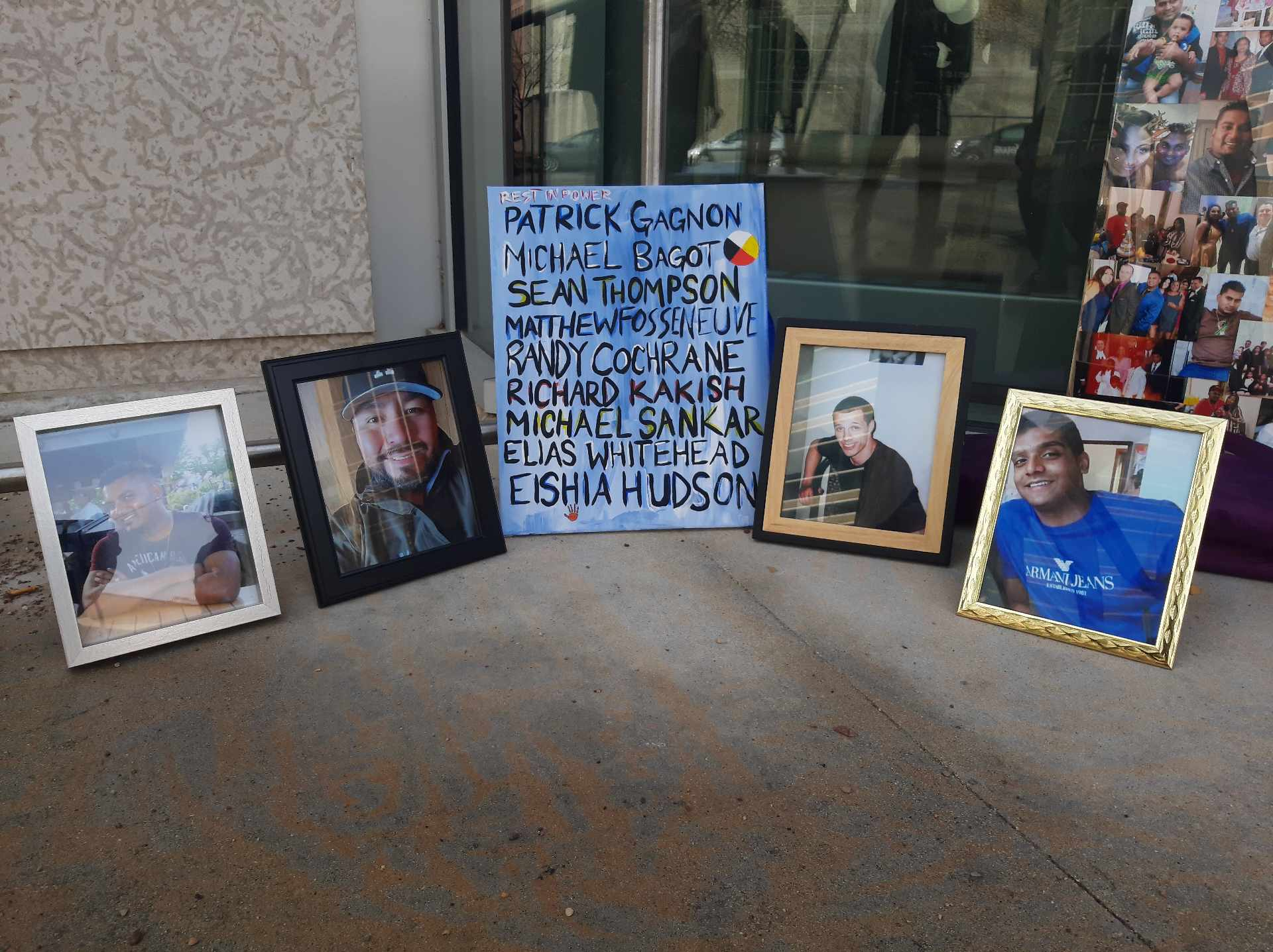 Photo of painting with nine people’s names who were killed by police, next to photos of Michael Bagot, Elias Whitehead, Richard Kakish and Michael Sankar