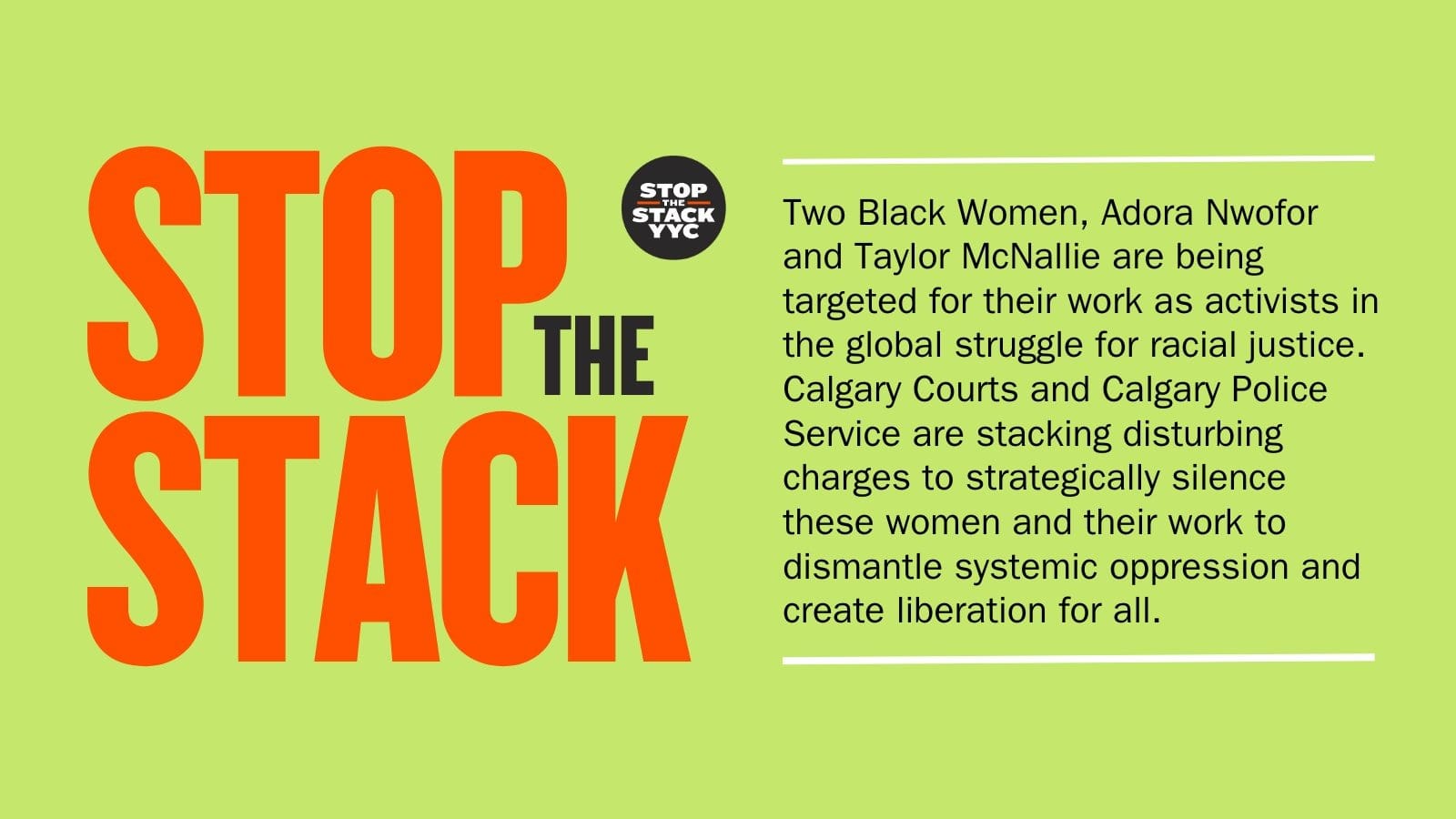 Graphic with light green background. Large orange font reads "Stop the Stack." Smaller black font details the campaign.