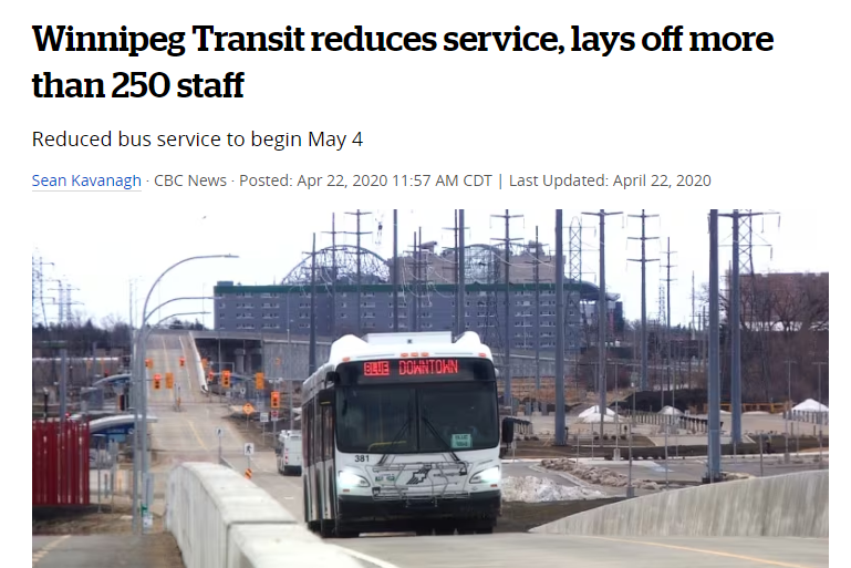Screenshot of news article from 2020 that is headlined by "Winnipeg Transit reduces service, lays off more than 250 staff"