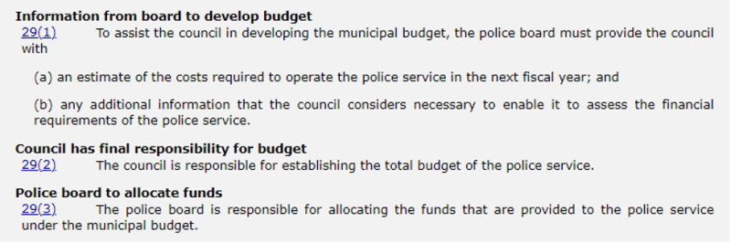 Screenshot of section from Police Services Act that shows it is council's responsibility to set the police budget