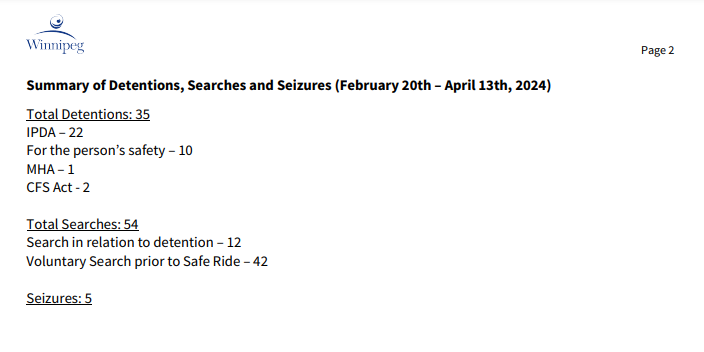 Screenshot of text providing a summary of detentions, searches, and seizures.