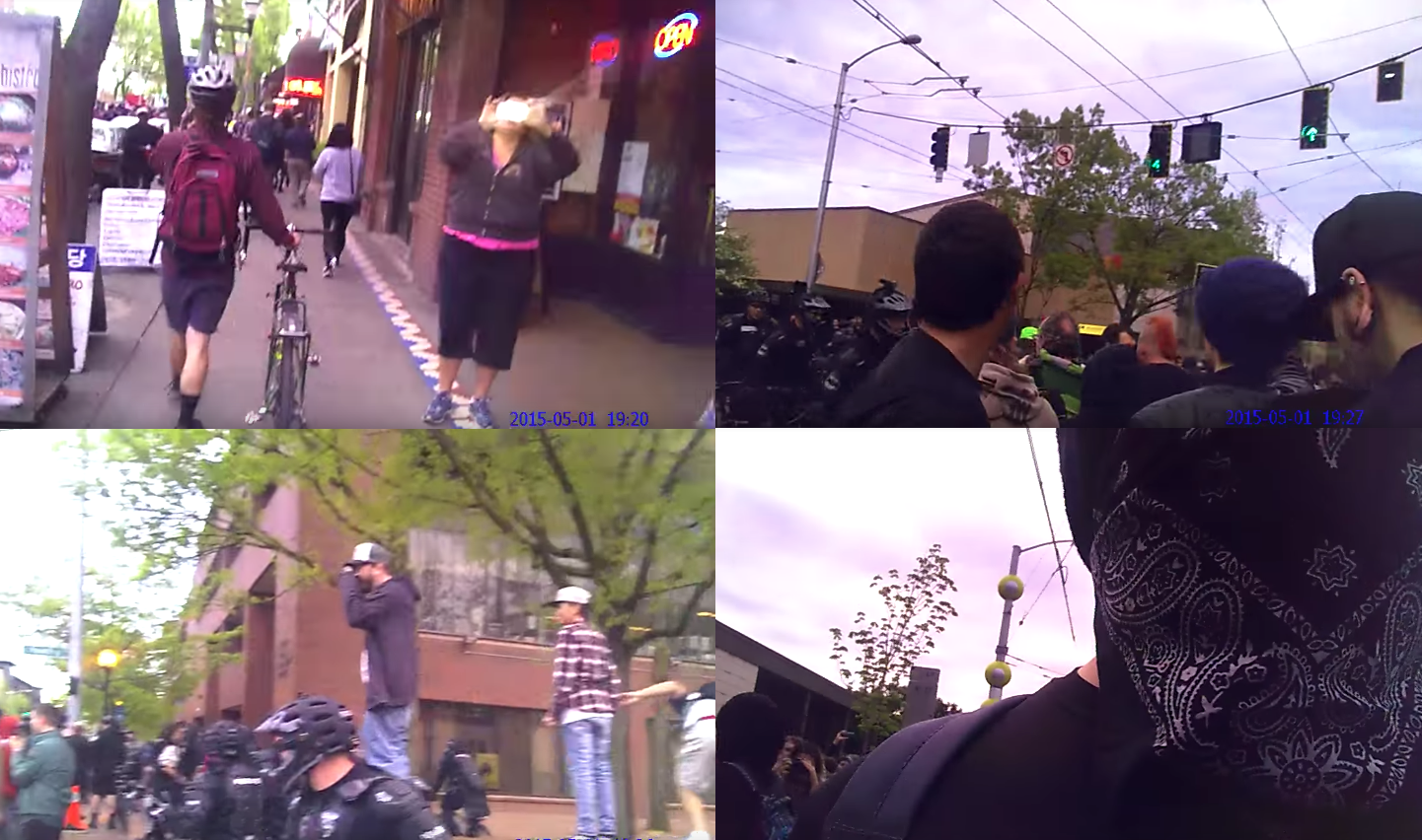 Four frames with body camera footage from a protest, showing people taking photos, gathering, standing near police