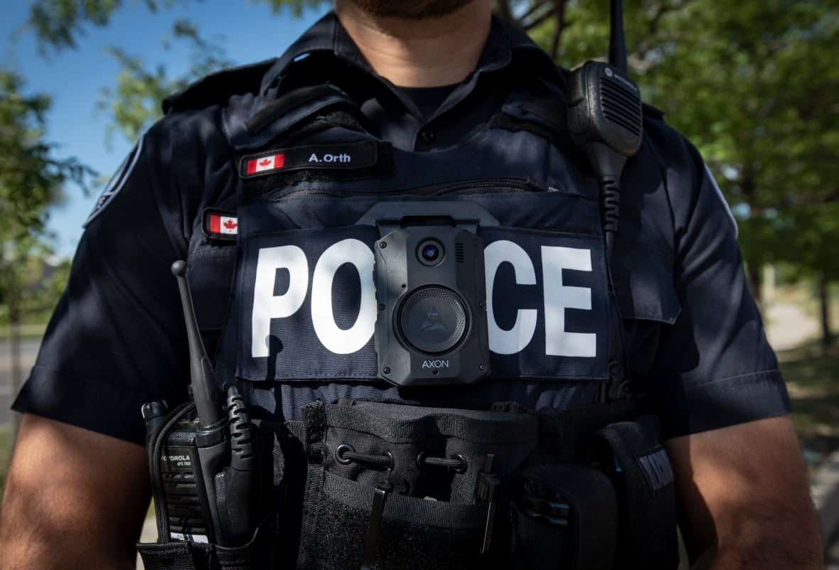 Photo of a Toronto Police officer wearing a body cam on their chest