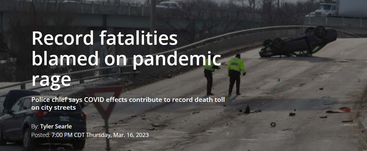 Screenshot of Winnipeg Free Press article titled "Record fatalities blamed on pandemic rage," with the subtitle reading "Police chief says COVID effects contribute to record death toll on city streets"
