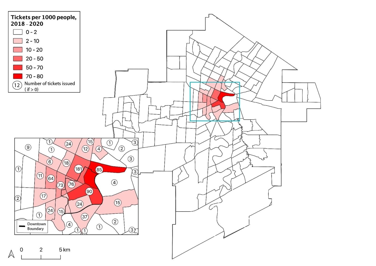 Graphic from Linovski and Snider research that shows extreme geographic concentration of bike ticketing in Winnipeg's downtown/inner city